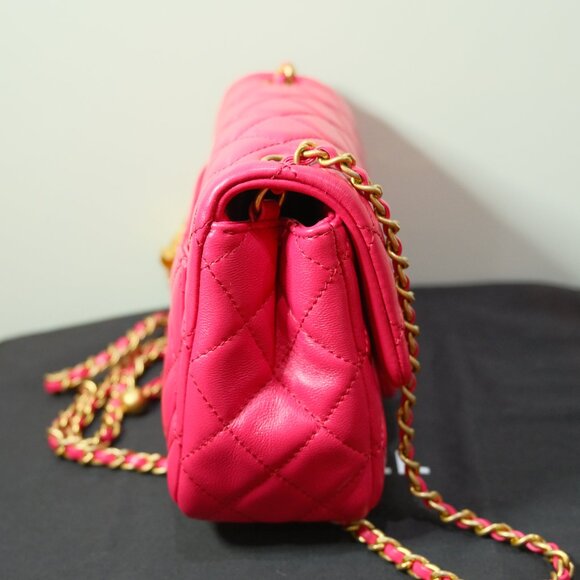 Chanel Quilted Lambskin Mini Square Flap with Pearl Crush Fuchsia Pink NWOT - Picture 6 of 16